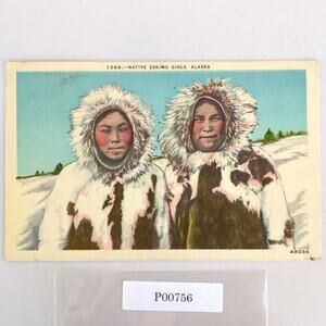 Native Eskimo Girls Alaska 1940s Linen Postcard Inuit 1945 AK PC